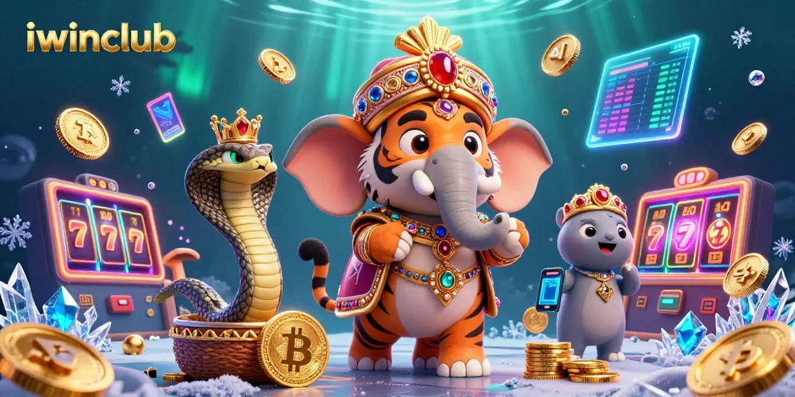 Engage with iwinclub's vibrant casino scene featuring a maharaja, elephant, and crypto elements