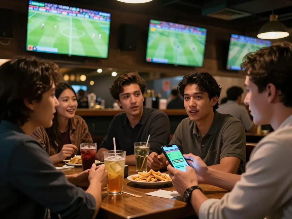 Friends excitedly discussing strategies while checking tỷ lệ kèo nhà cái 5 on mobile devices at a lively sports bar.