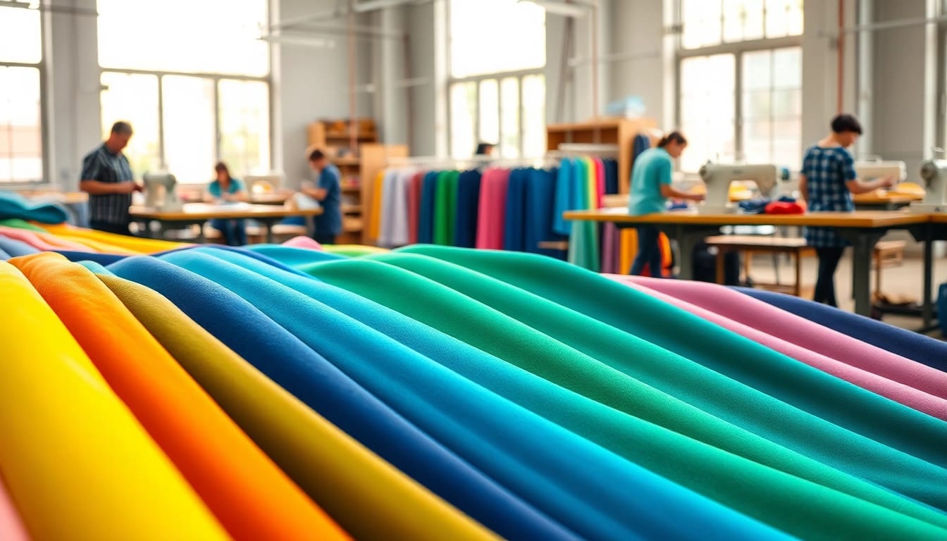 Viscose stoffen prachtig uitgestald in een textielwerkplaats met kleurrijke rollen.