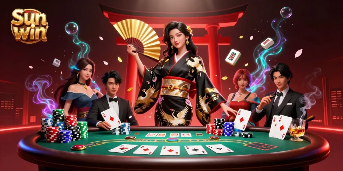 Play dynamic casino games with Sun win, featuring colorful poker elements and an elegant Japanese theme.