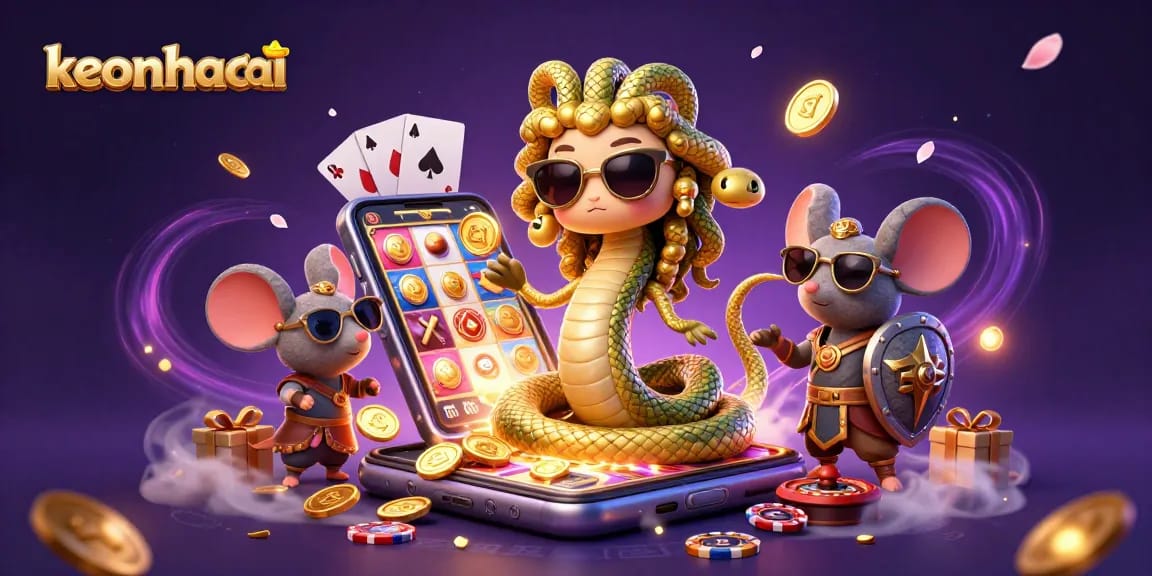 Engage with keonhacai through immersive gambling visuals featuring Medusa and playful elements.