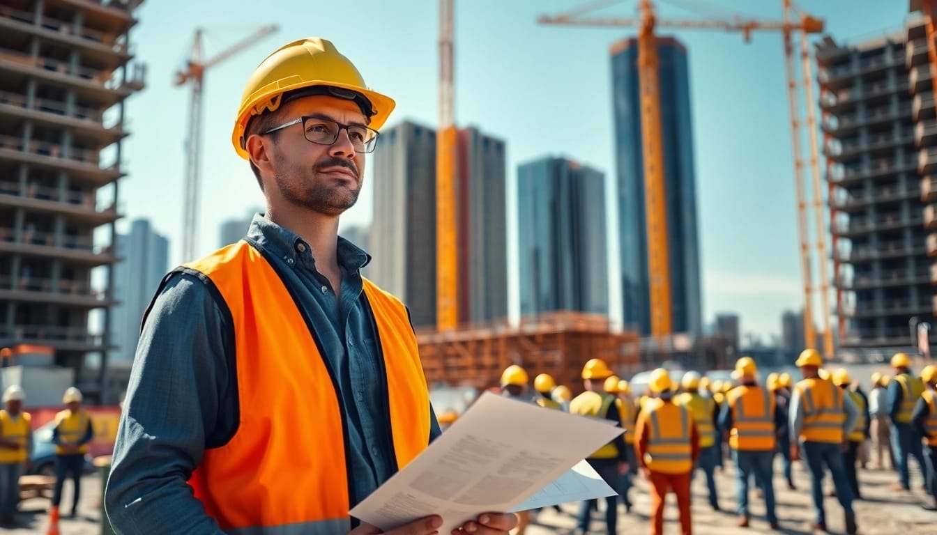 New Jersey Construction Manager directing a team at a vibrant construction site.