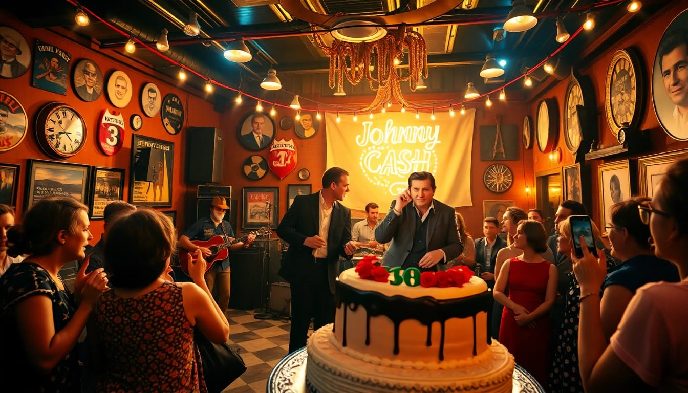 The joyful celebration at johnnycashbirthday.com features nostalgic decorations and live music.