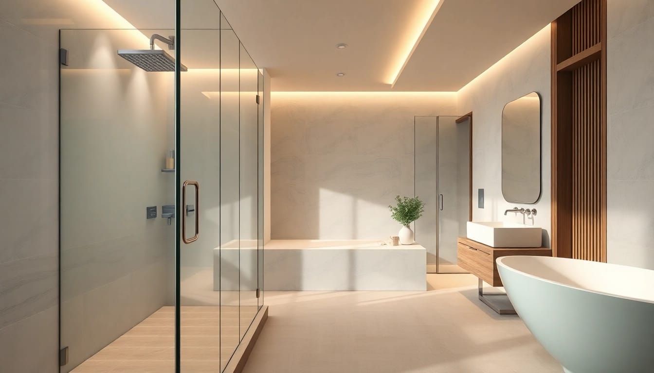 Explore elegant showers with modern fixtures in a luxurious bathroom setting.