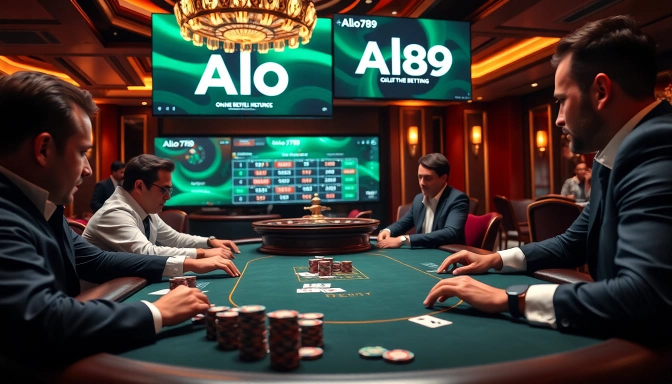 Players enjoy a thrilling poker game at Alo 789, showcasing vibrant chips and cards.