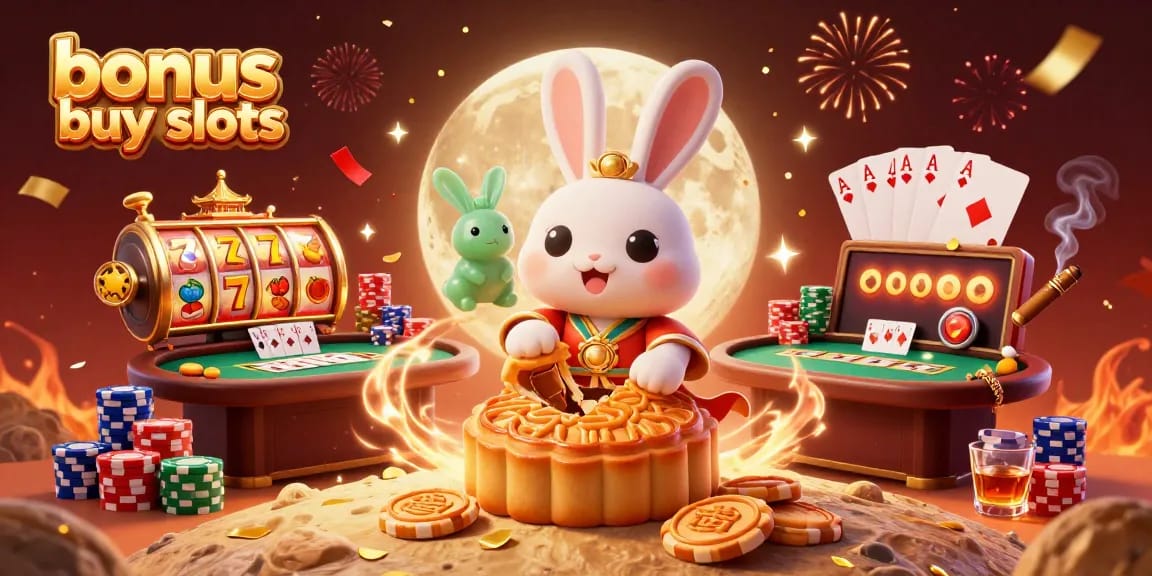 Engage with exciting bonus buy slots featuring a moon rabbit, poker chips, and vibrant casino elements.