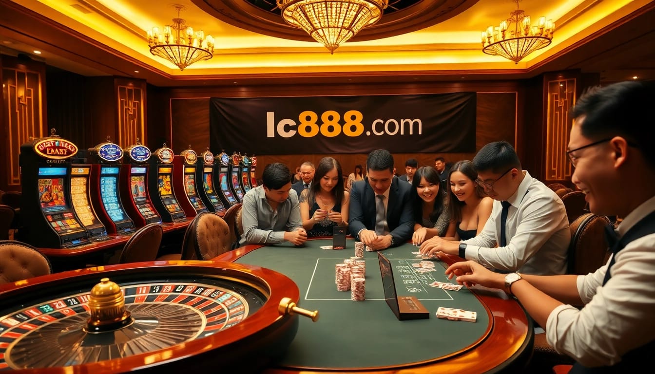 Experience the thrill at lc88.com as players enjoy an exciting card game in a luxurious casino setting.