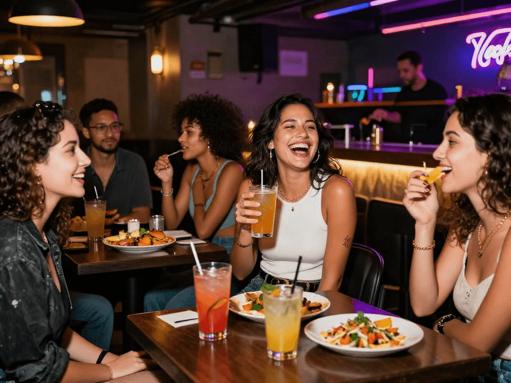 NSFW nightlife scene featuring friends enjoying cocktails in a vibrant bar, showcasing urban atmosphere and lively social interactions.