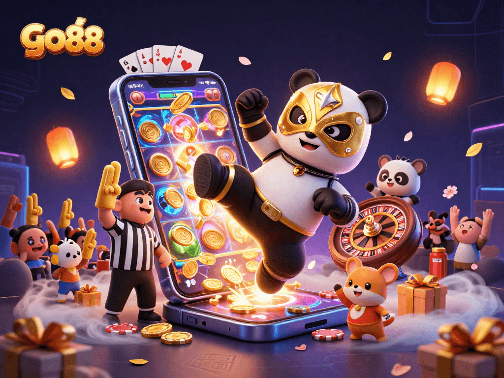 Engage with go 88's thrilling casino action as a panda wrestler kicks off excitement amidst a lively animal crowd.