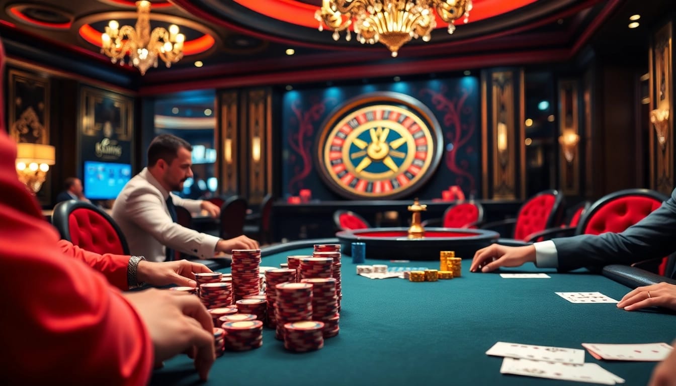 Players engaged in high-stakes poker at a luxurious casino table, highlighting kuwin 789.
