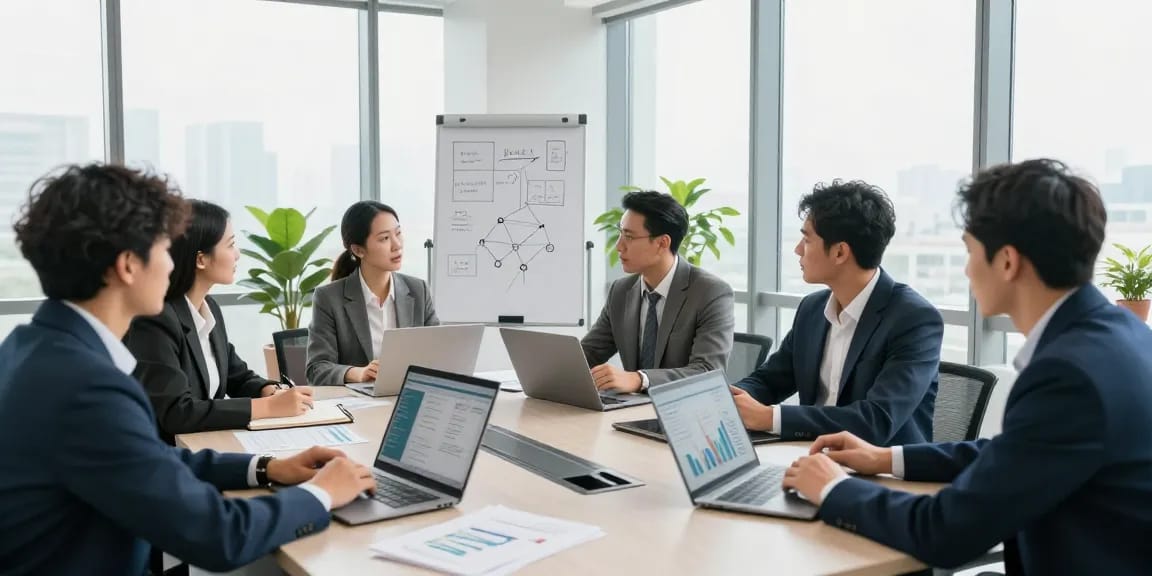 Team discussing business telephone systems in a modern office environment.