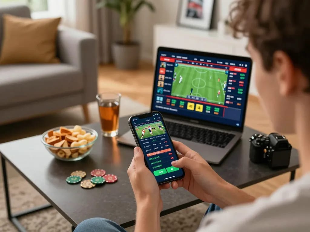 Engaging in live sports betting via link sungaitoto with smartphone, showcasing active odds and exciting atmosphere.
