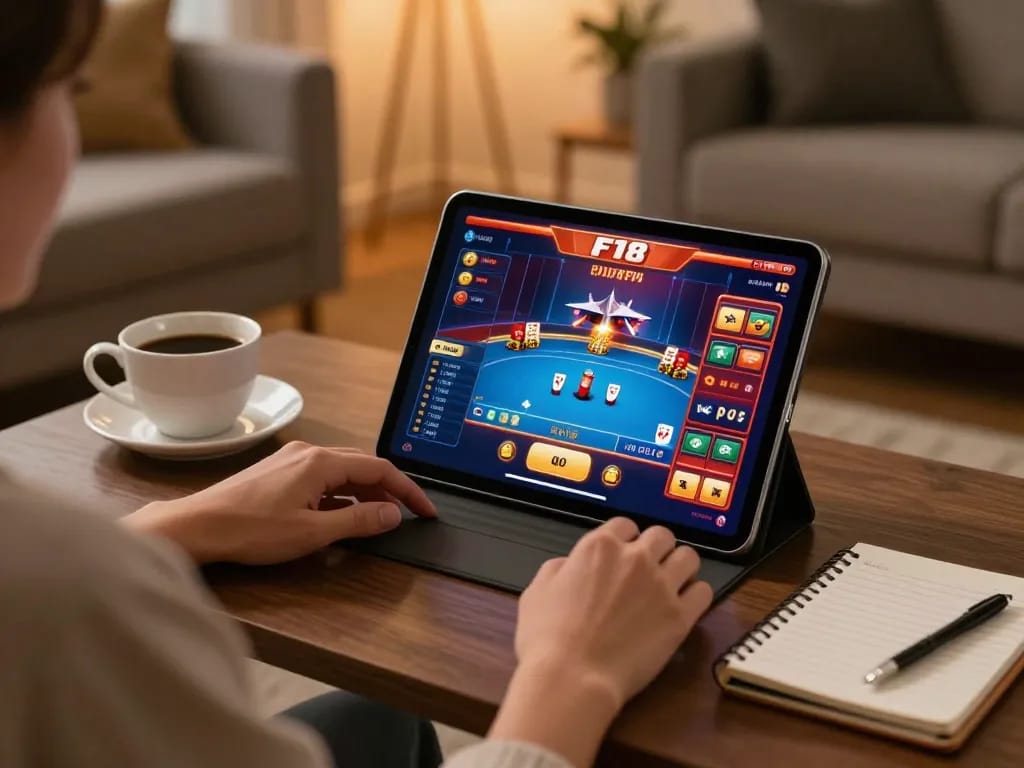 Player enjoying F168 games on a tablet with vibrant poker interface and strategy notes.