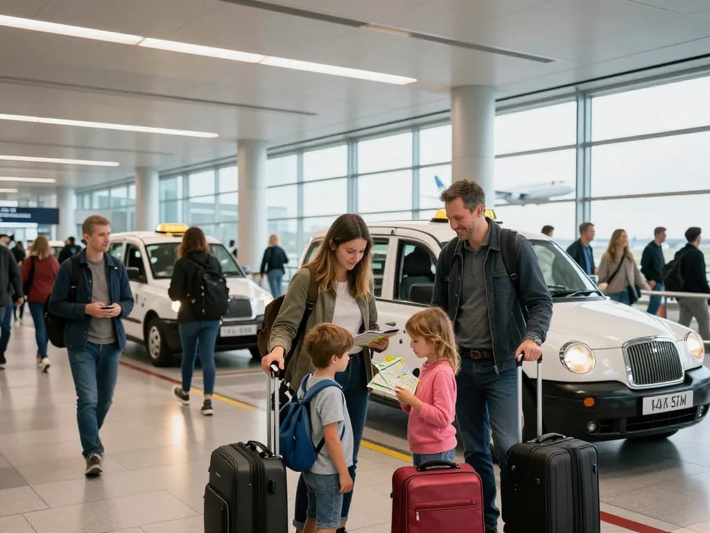 Taxi to Manchester airport: Family preparing for their trip at a busy airport terminal.