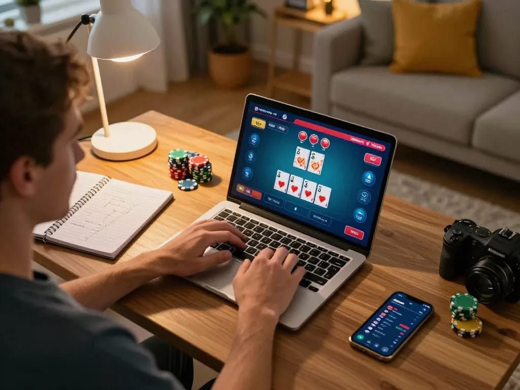 Playing poker on 789club's online platform with chips and cards in focus, creating an engaging home gaming atmosphere.