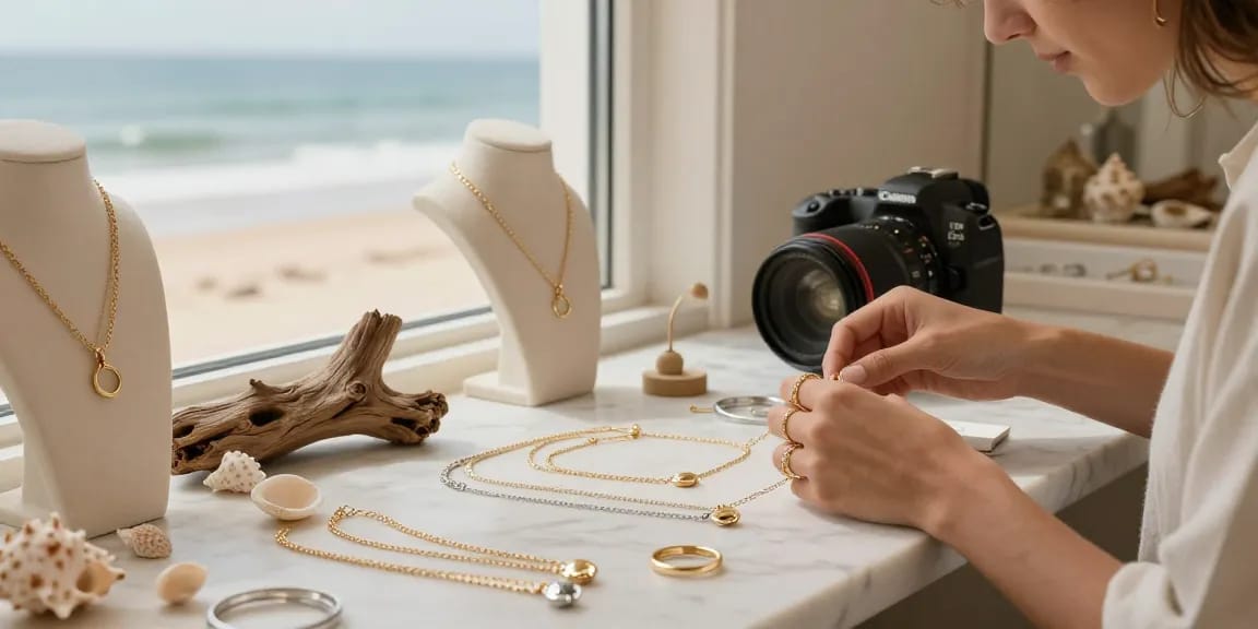 Beautiful ethical jewellery uk displayed in an elegant boutique, featuring nature-inspired designs and soft warm lighting.