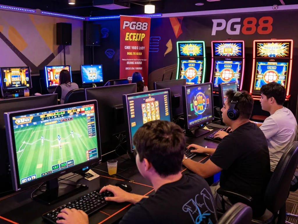 Engaging scene of players interacting with PG88 online gaming platform, showcasing dynamic sports betting and live casino activities.