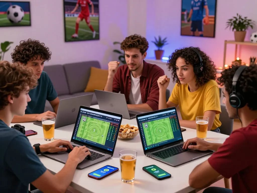 Engaged users in cá độ bóng đá online, showcasing laptops and a lively atmosphere with snacks and football memorabilia.