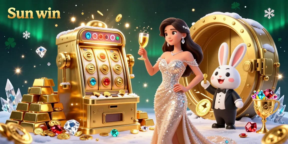 Experience the thrill of Sun win jackpots with a stunning woman and bunny croupier in a vibrant casino setting.
