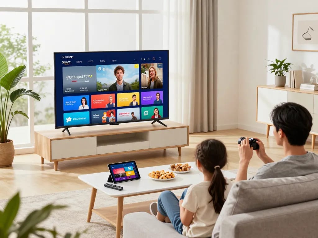 Family enjoying shows on Smart TV with Sky Glass IPTV Subscription in modern living room