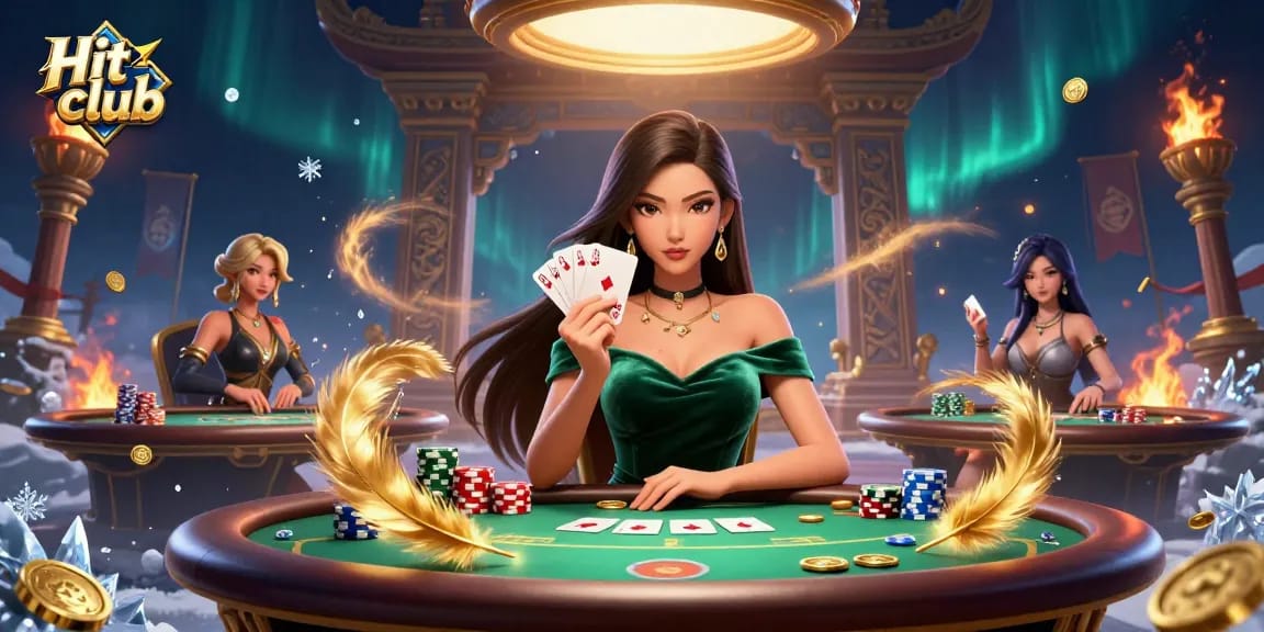 Experience the thrill at Hit club with a stunning poker scene featuring a beautiful Asian dealer.