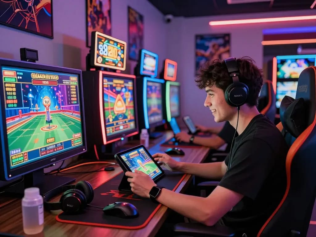 Engaging TG88 online gaming experience with player at live casino and colorful slot machines.