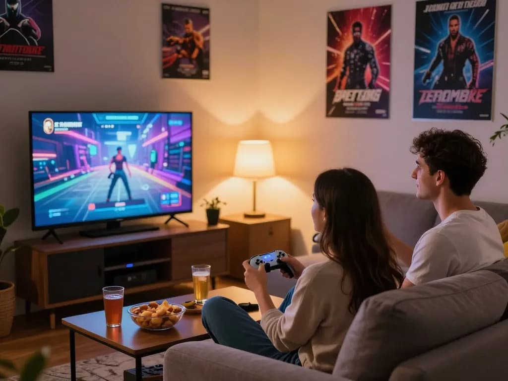 Couple enjoying sex games on a large screen in a cozy gaming room.