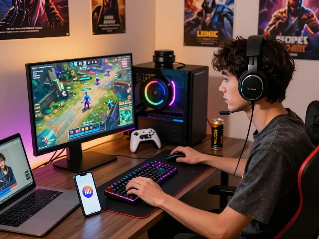 Engaged gamer downloading tải hitclub app on a stylish gaming setup.