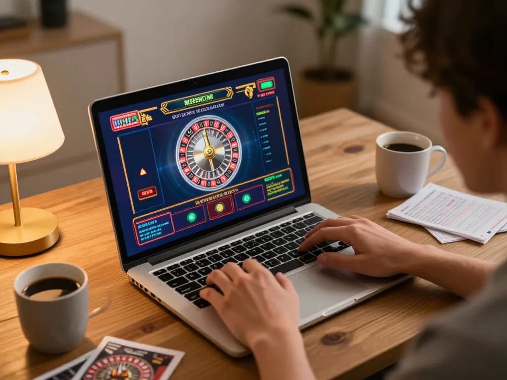 Engaging player enjoying 13win online roulette game on laptop, showcasing strategic gaming.