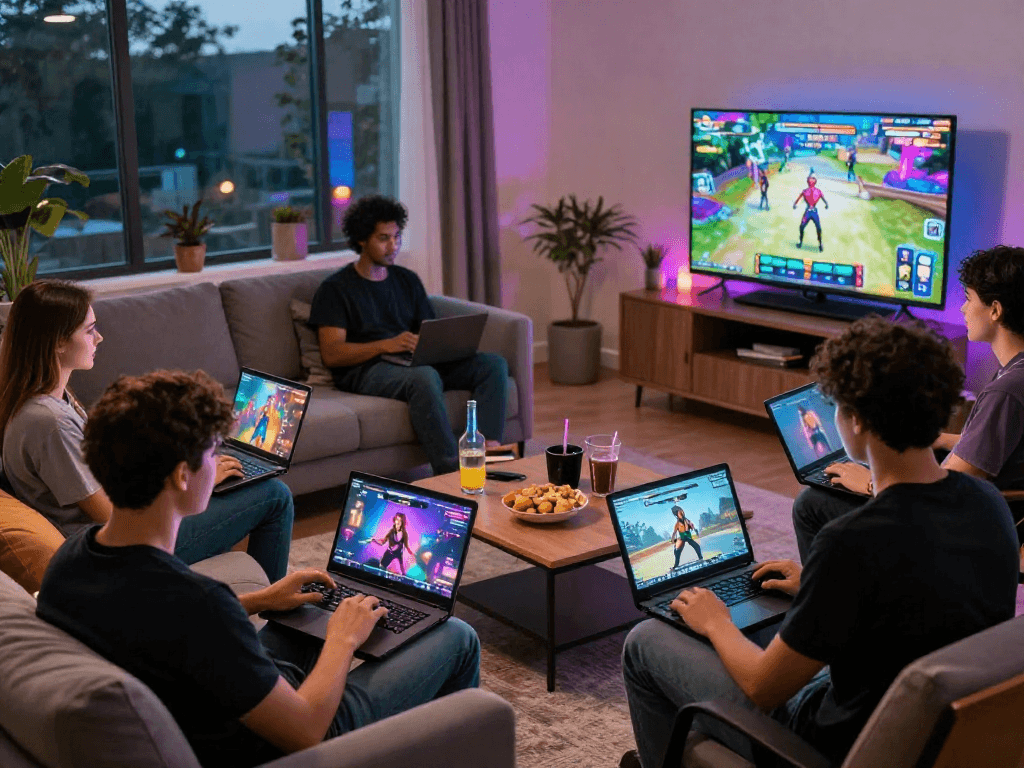 Group playing sex games online in a cozy living room with colorful screens and snacks.