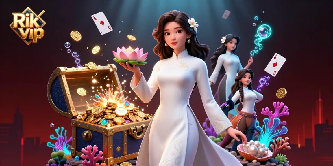 Play games on Rik vip while winning big in an elegant casino setting surrounded by treasures.
