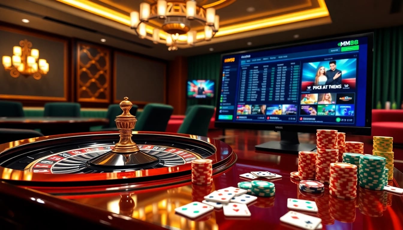 Experience thrilling gaming at MM88 with colorful poker chips and a dazzling roulette wheel.