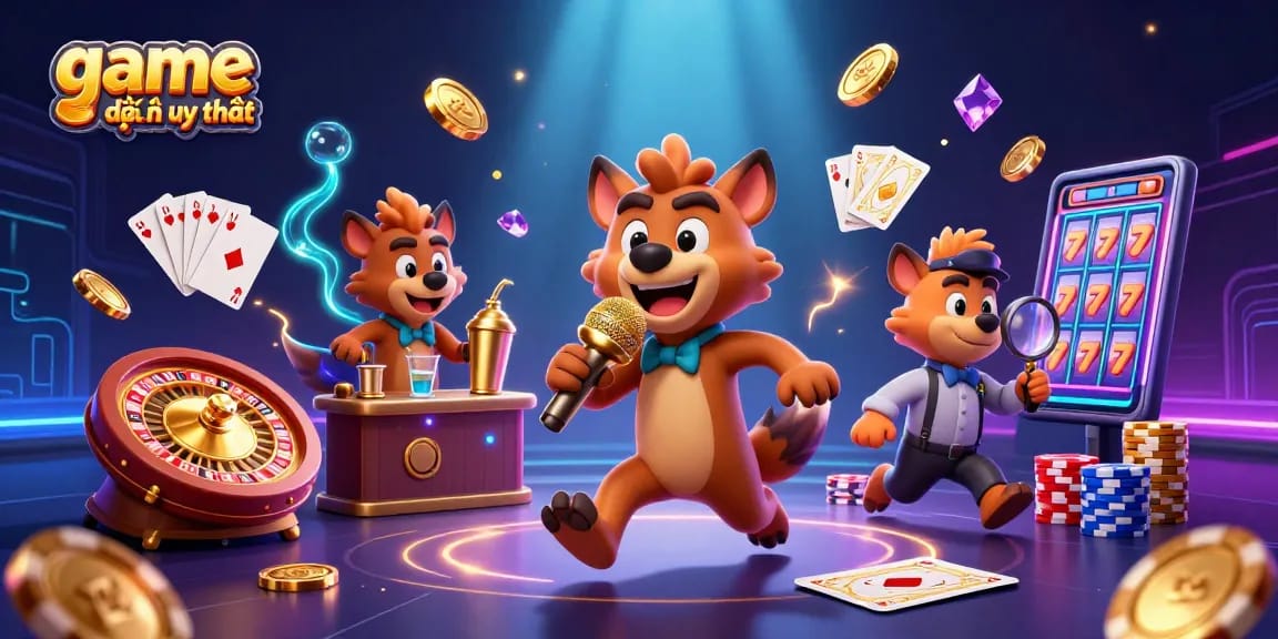 Experience excitement with game đổi thưởng uy tín in a lively cartoon casino scene featuring hyenas.