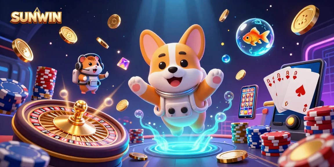 SUNWIN's exciting casino scene with floating astronaut corgi, golden coins, and vibrant poker chips