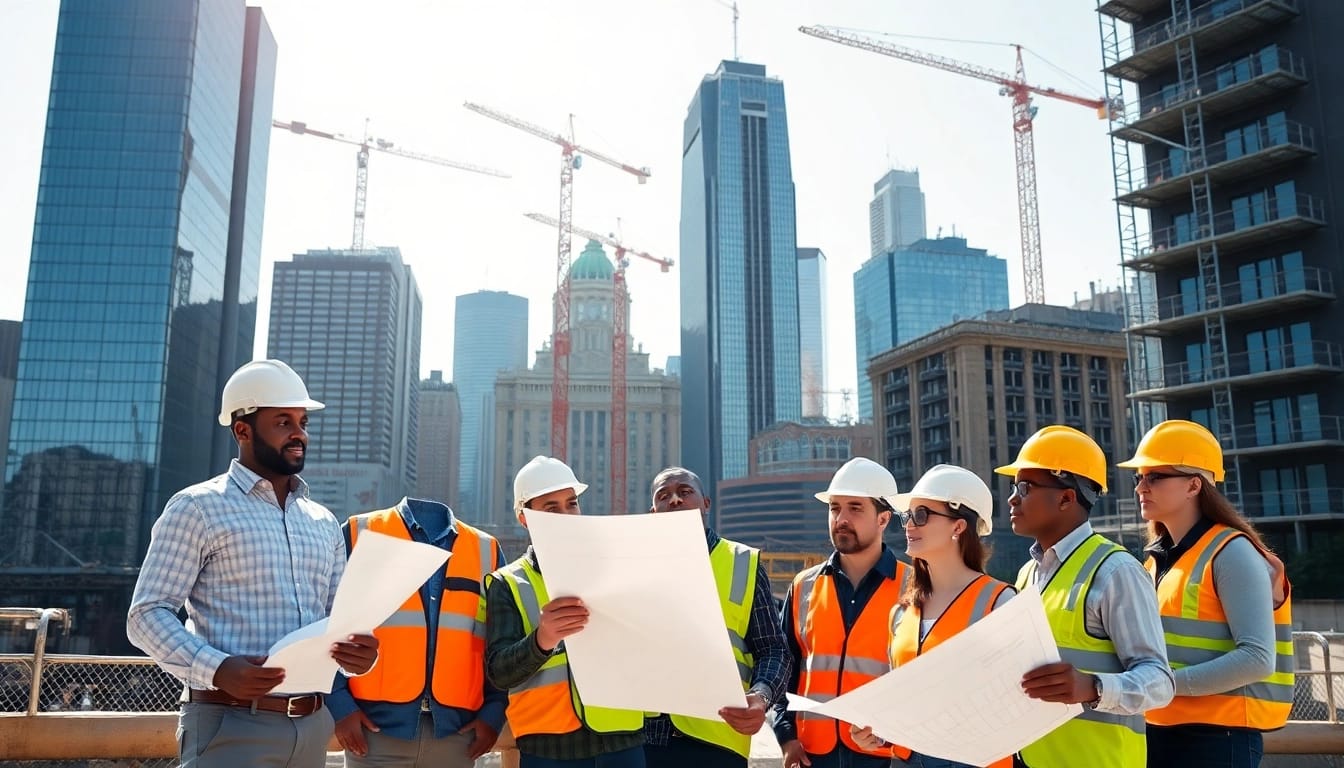 Dynamic scene of New York City General Contractor team actively collaborating on a construction project.