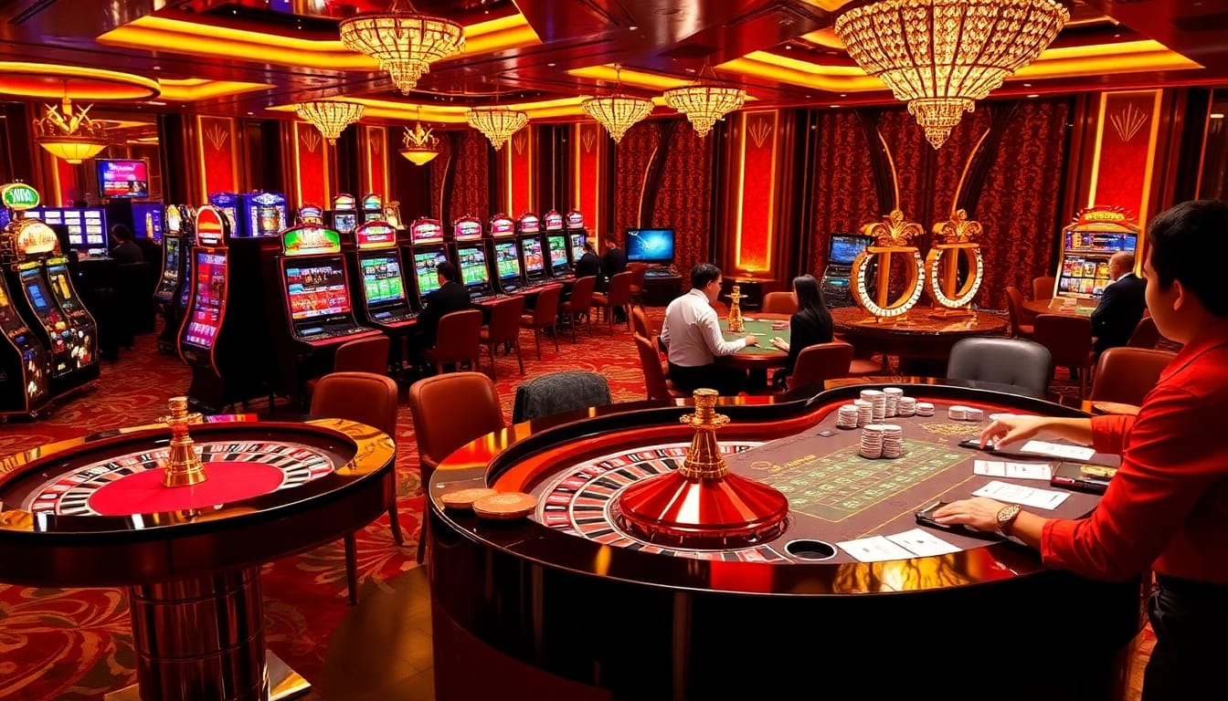 Experience the thrill of Nhà Cái KKWIN with a vibrant scene featuring roulette, poker, and slot machines.