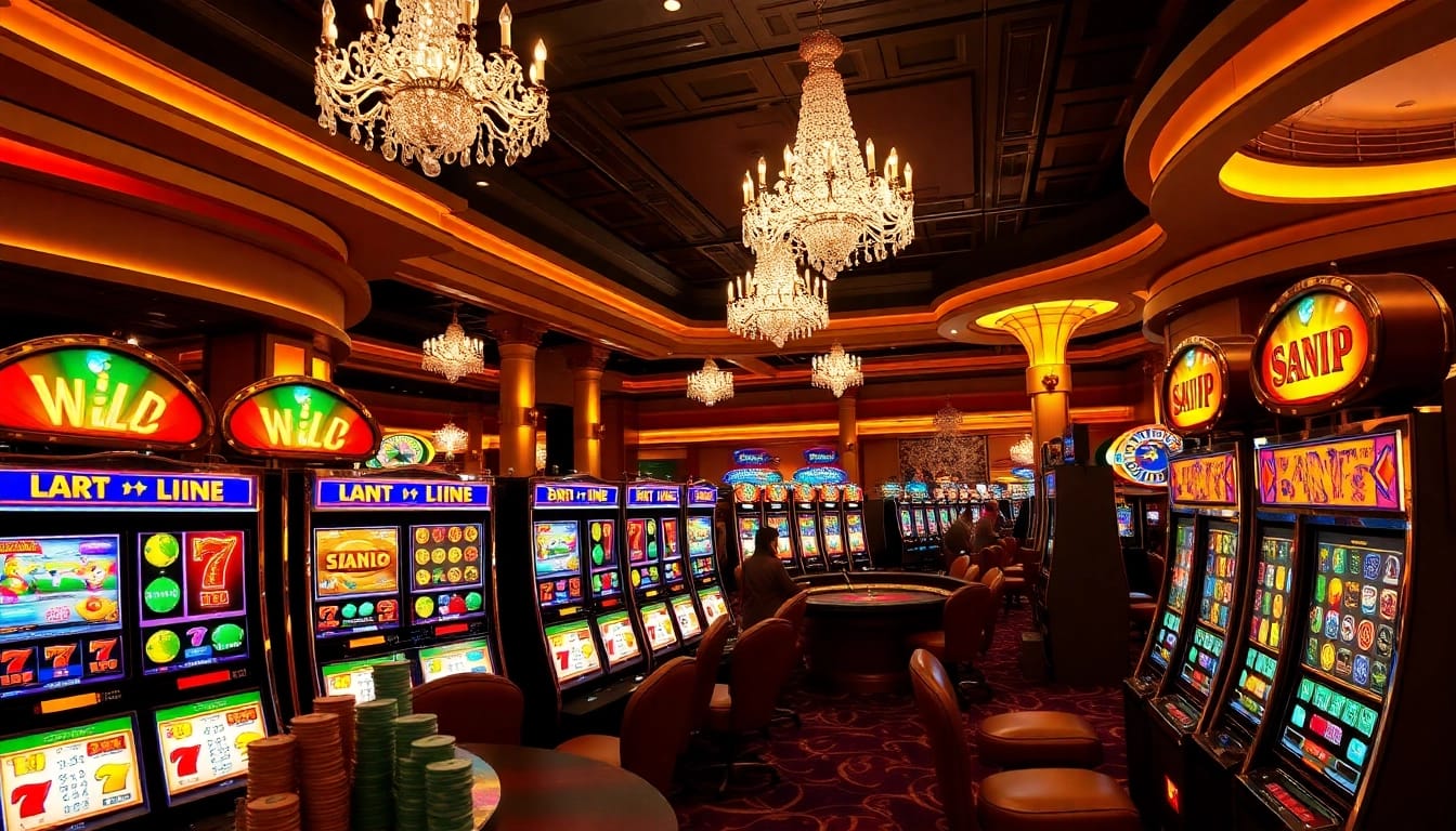 Players winning at vibrant slot machines in a luxurious casino atmosphere.