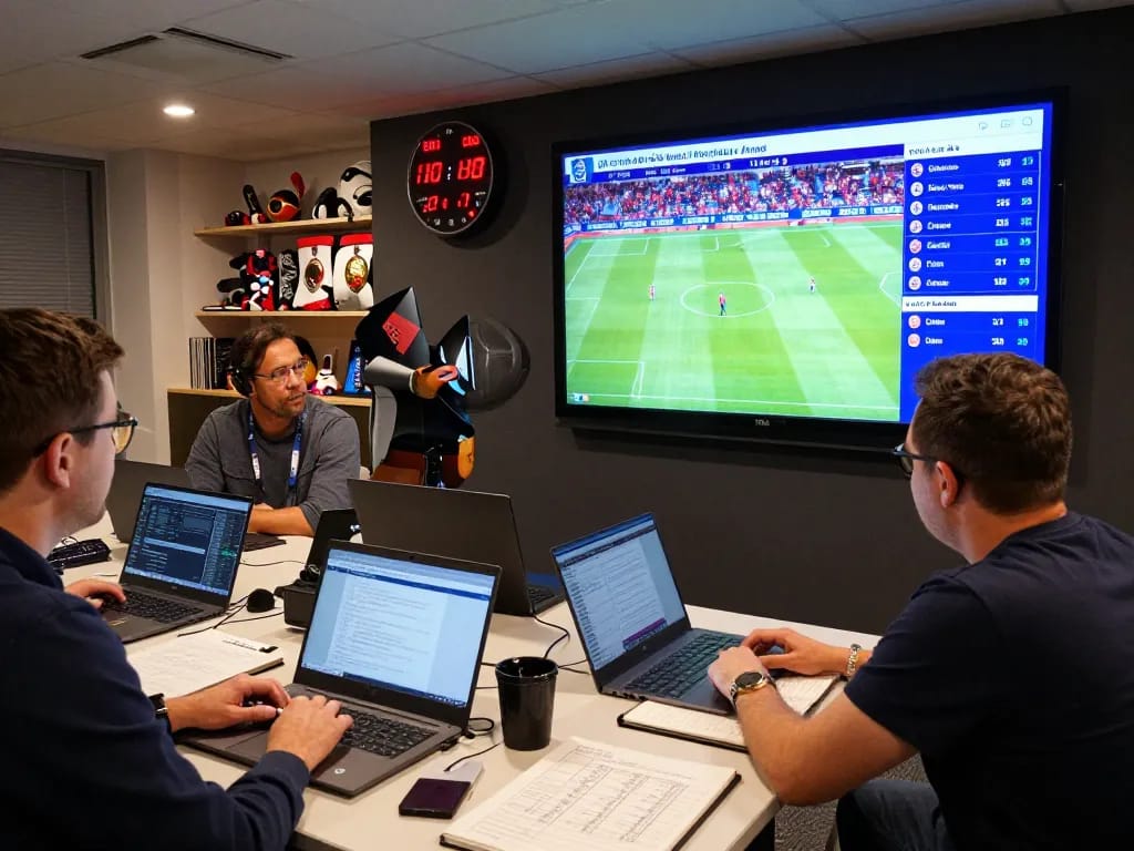 Bongdalu ngoại hạng anh sports analysts discussing live match statistics in a vibrant sports information center.