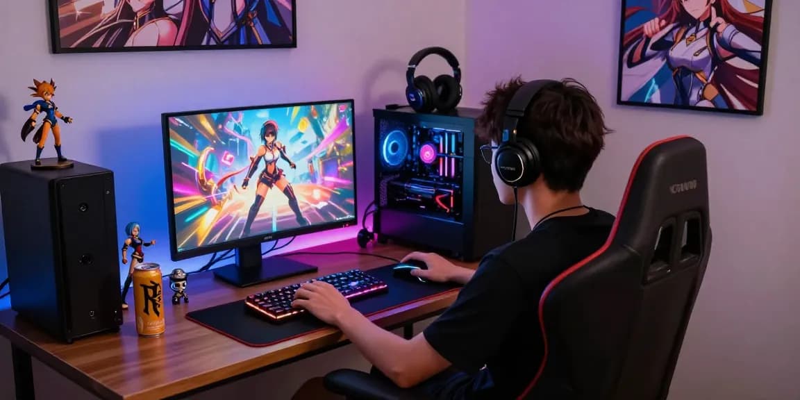 A player enjoying an immersive hentai game on a vibrant gaming setup with colorful characters.
