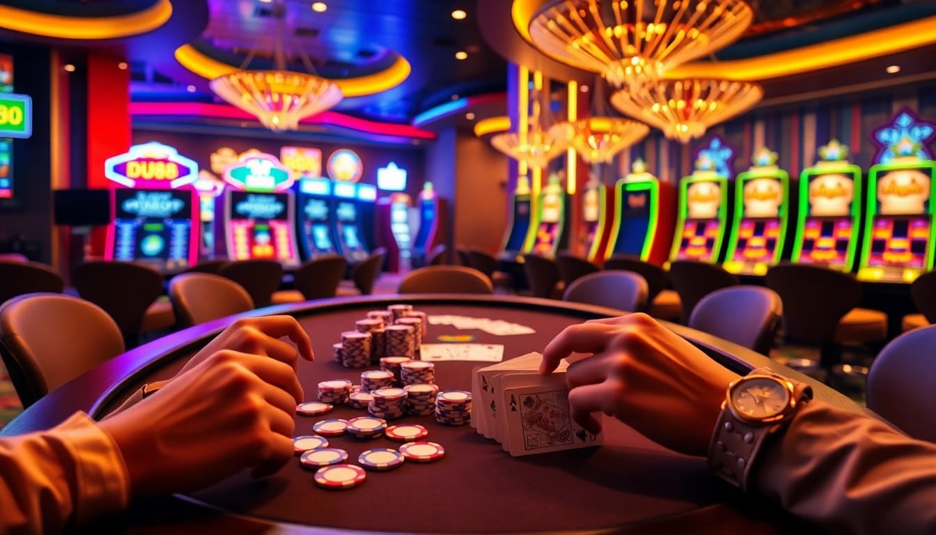 Experience exhilarating moments at DU88 casino with vibrant poker tables and slot machines.