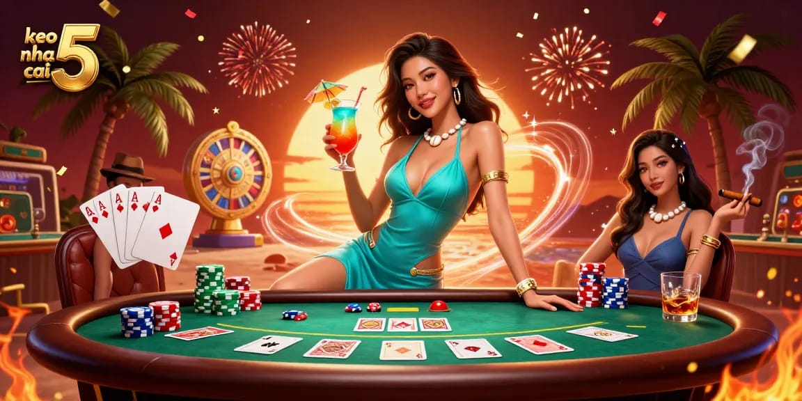 Engage in keo nha cai 5 with a glamorous tropical casino illustration showcasing poker elements and vibrant colors.