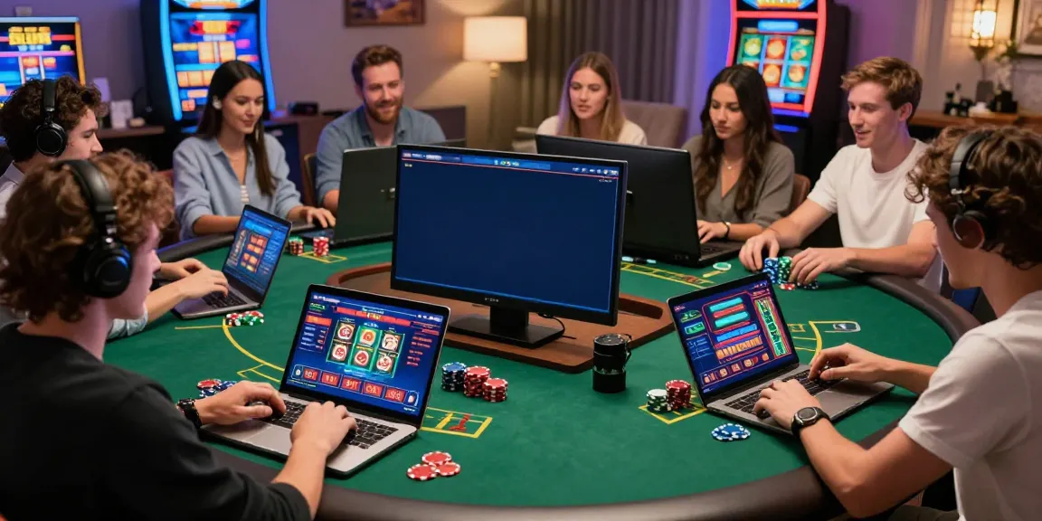 Engaging online gaming scene featuring diverse players at home enjoying LU88 games through laptops and tablets, showcasing excitement and vibrant graphics.