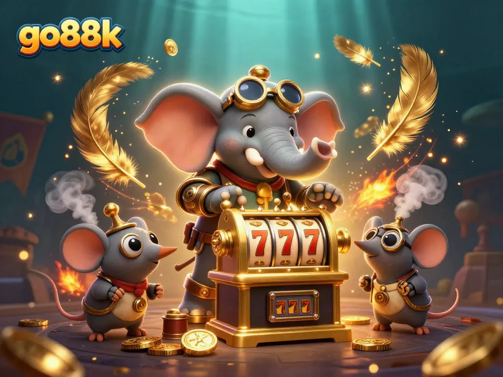 Spin the golden slot machine with go88k, as a steampunk elephant engineer operates a thrilling gaming scene.