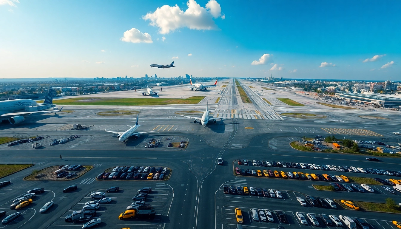 Dynamic aerial view of City airport showcasing airplanes and bustling runways.