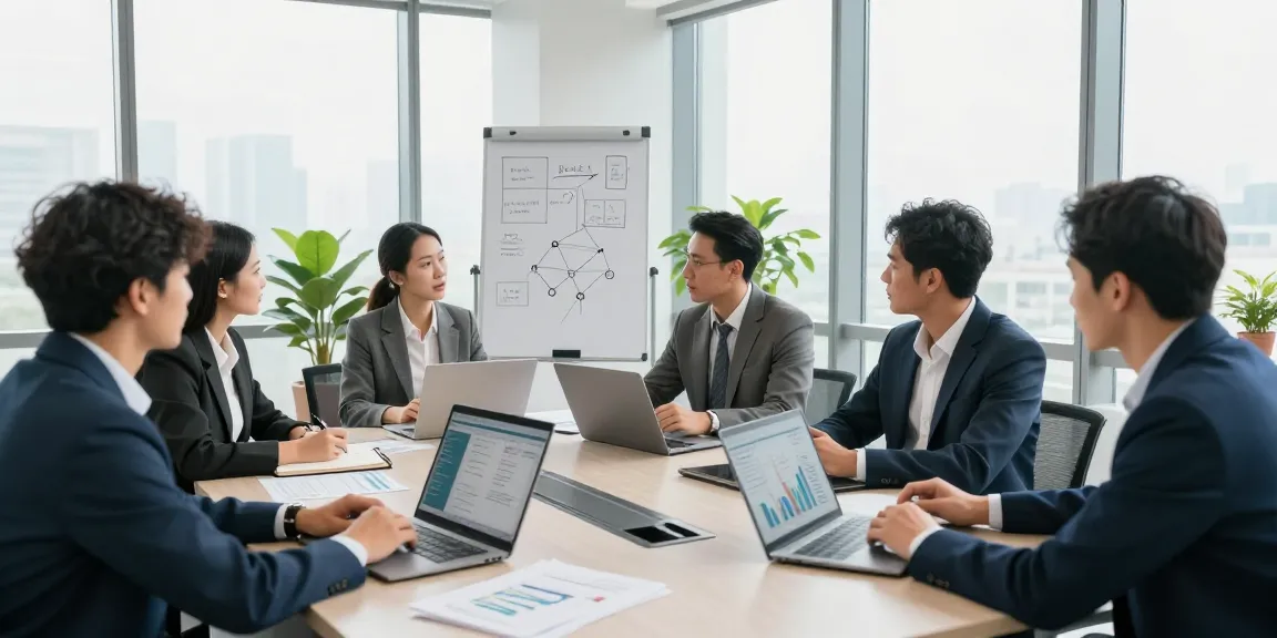 Team discussing business telephone systems in a modern office environment.