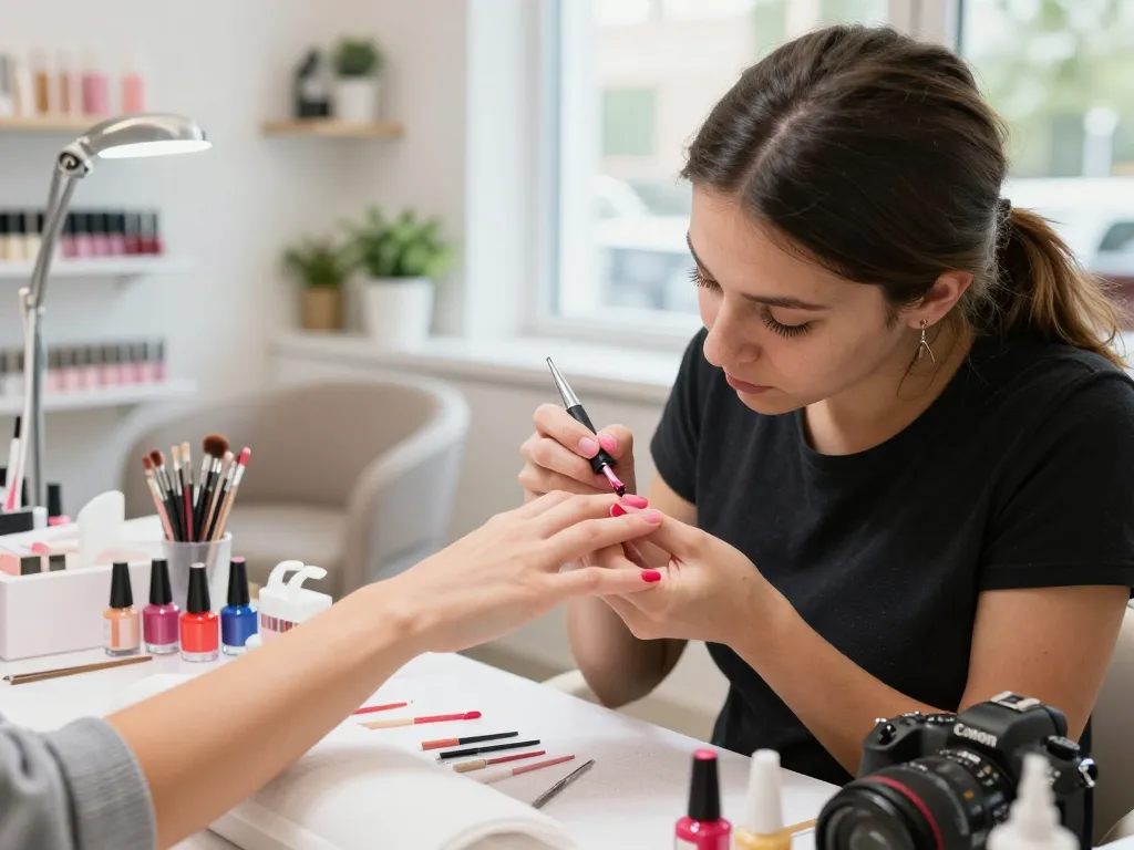 Aplicarea bazei și a top coat-ului pentru unghii într-un salon elegant.