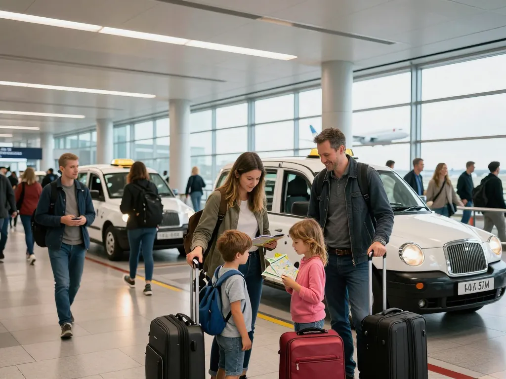 Taxi to Manchester airport: Family preparing for their trip at a busy airport terminal.