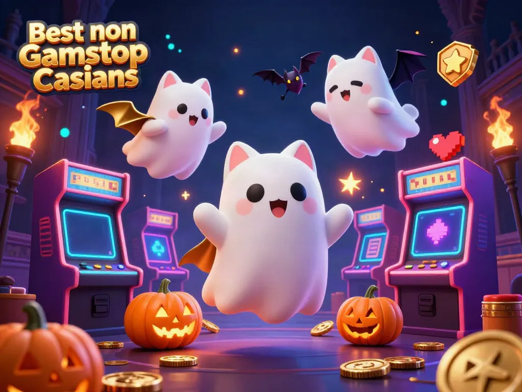 Engage with the enchanting world of Best non Gamstop Casinos featuring a ghost cat and vampire bat in a vibrant casino scene.