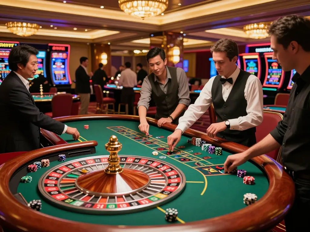 Players engaging at the roulette table at cm88seo, showcasing excitement in a vibrant casino atmosphere