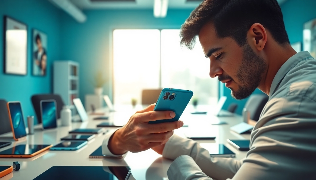 Used Phone Buyer analyzing devices in a modern office environment, showcasing expertise and trust.